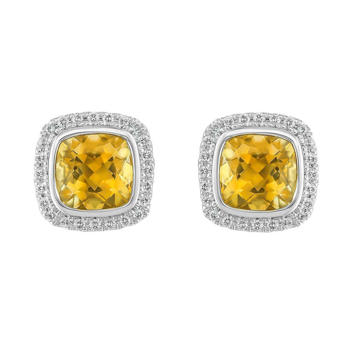Cushion Cut Citrine & 0.23ctw Diamond Stud Earring, 14ct Whit Gold