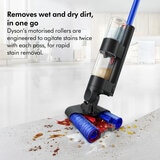 Lifestyle images of Dyson WashG1 wet floor cleaner removing wet and dry dirt in one go
