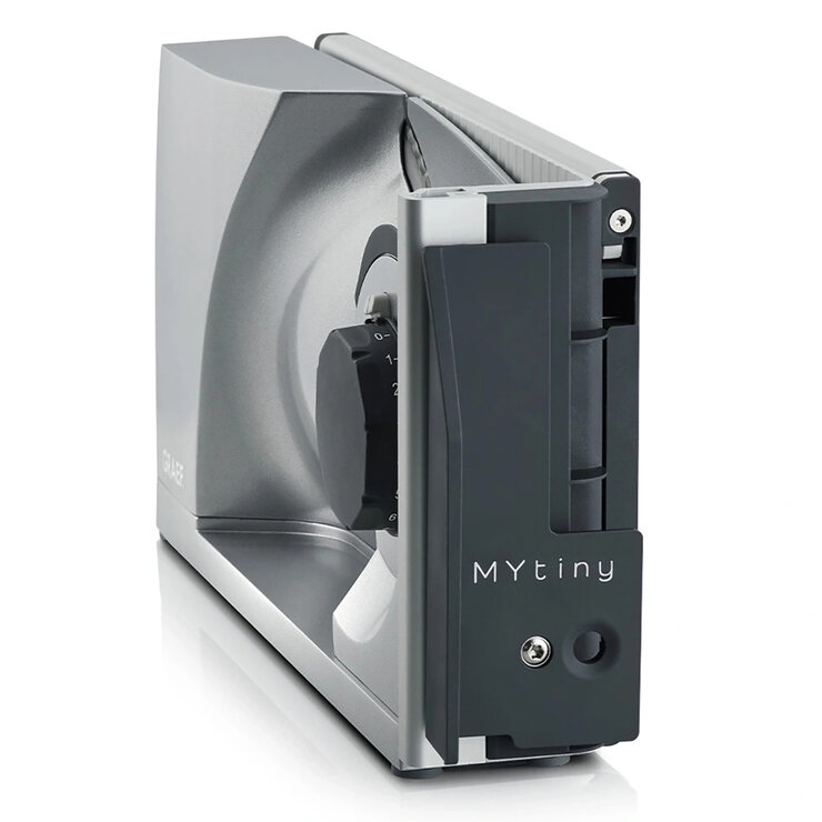 Side profile of Mytiny Foldable Food Slicer in Silver Side profile of Mytiny Foldable Food Slicer in Silver