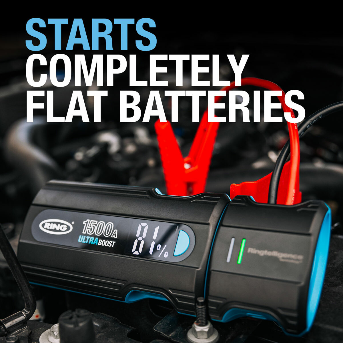 Graphic demonstrating the Ring Ultraboost 1500A Jumpstarter can jumpstart flat batteries