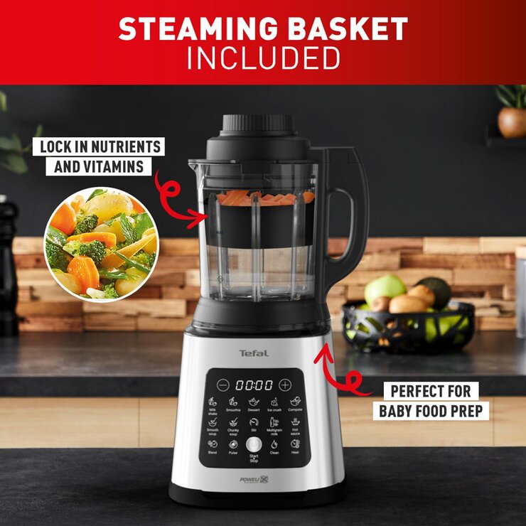 Tefal PerfectMix 2-in-1 Blender & Soup Maker with Removable Blades & Steaming Basket in Stainless Steel, BL83SD65
