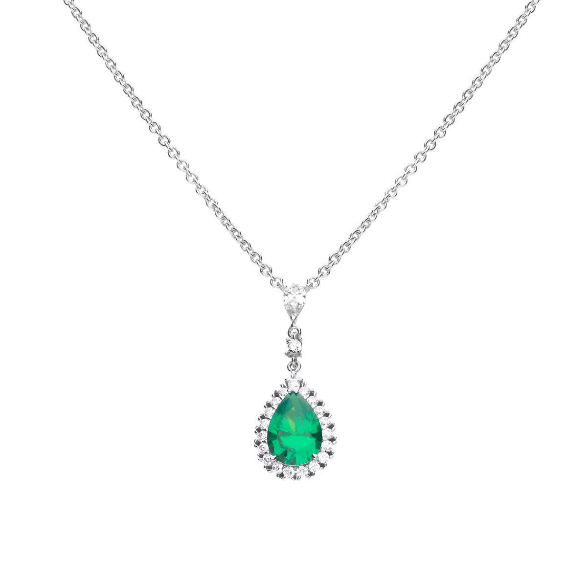 DiamonFire Sterling Silver Green Cubic Zirconia Teardrop Necklace With Pave Surround