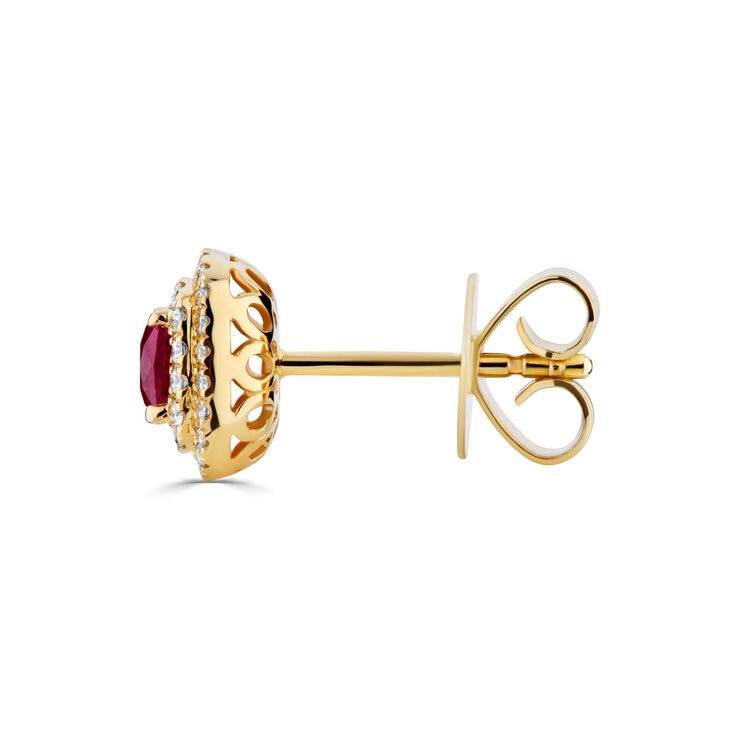 Round Cut Ruby & 0.27ctw Diamond Stud Halo Earrings, 18ct Yellow Gold