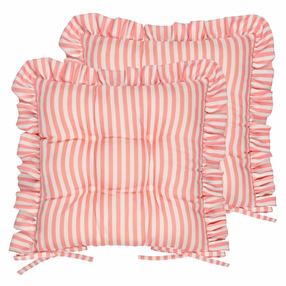 Wylder Millie Ruffle Pink Striped Indoor Outdoor Seat Pad 2 Pack, 40 x 40 cm