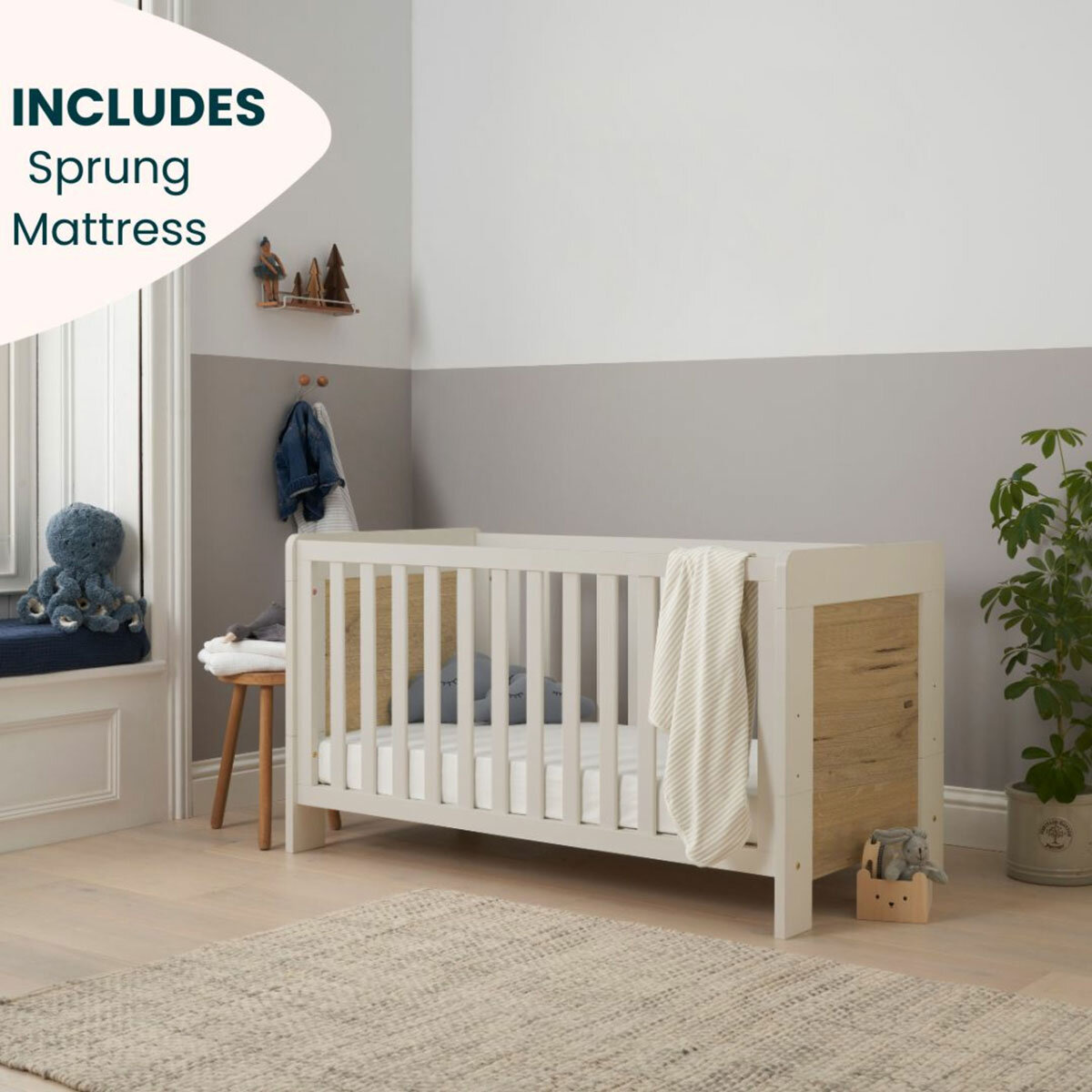 Tutti Bambini Alba Cot Bed with Sprung Mattress, White & Distressed Oak