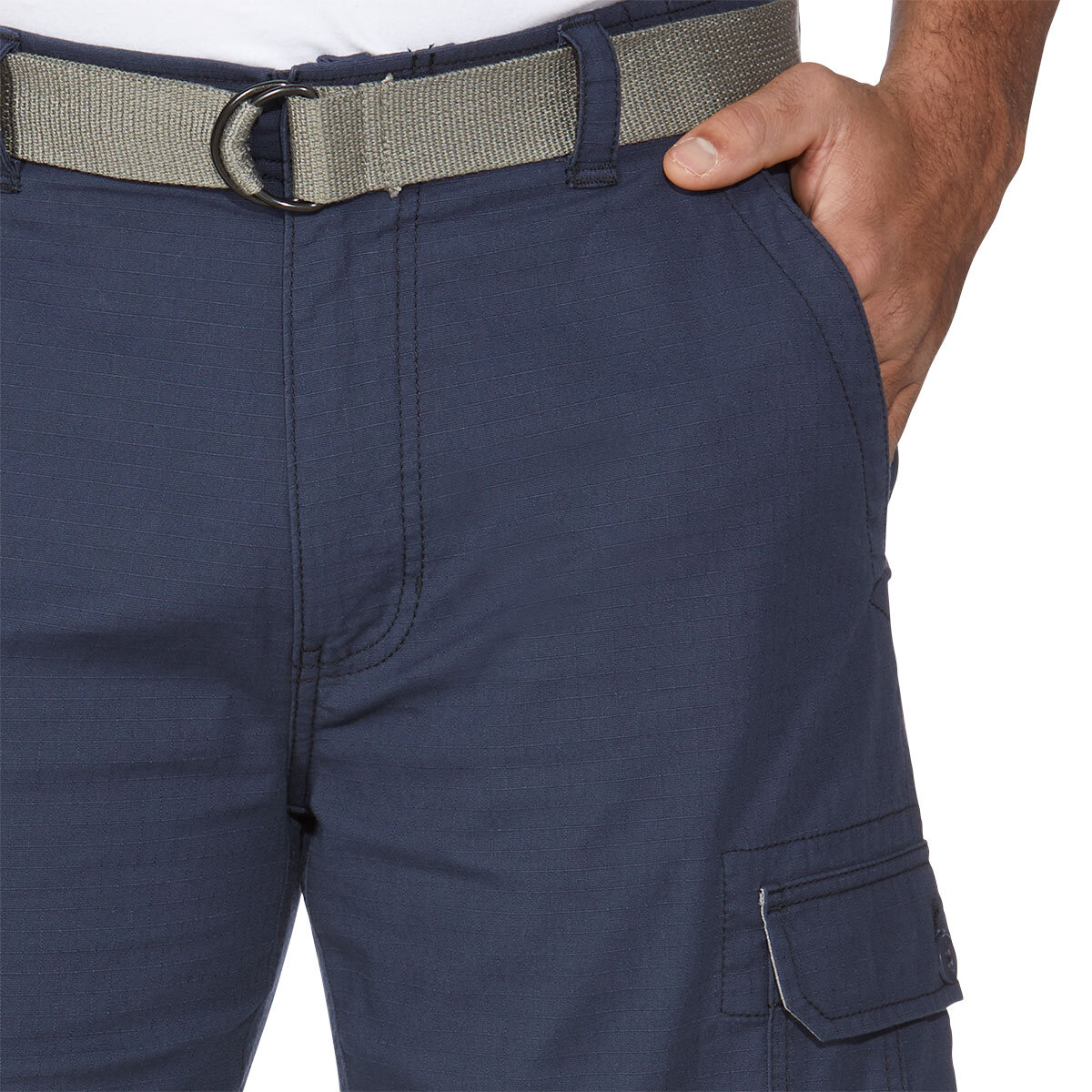 front image of navy shorts belt detail