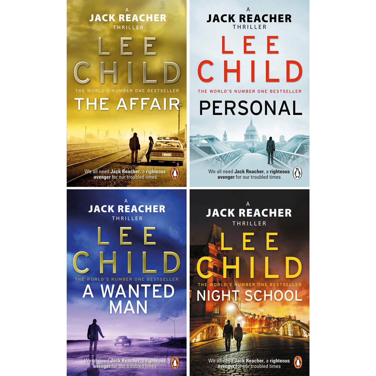 4 front cover images of Lee Child Books- The Affiar, Personal, Night School and A wanted Man