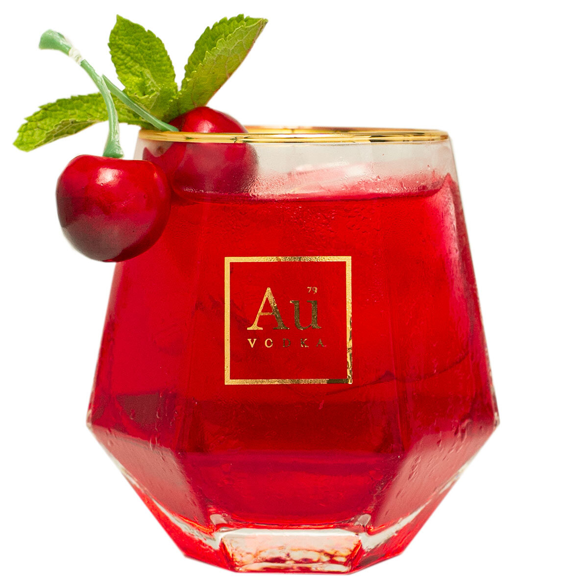Glass of Au Vodka with cherries on the side