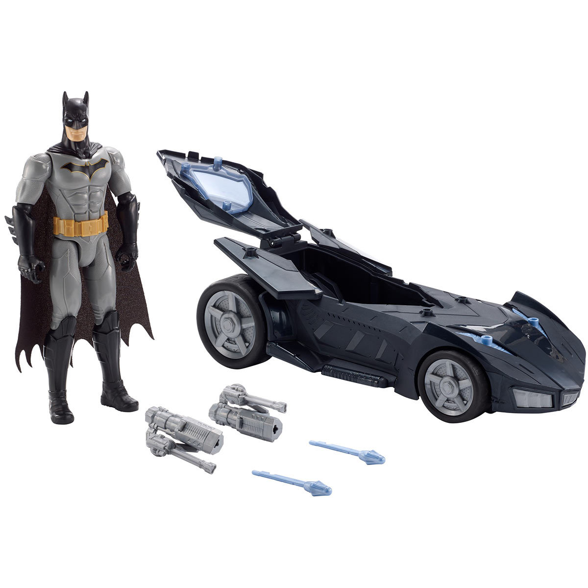 Batmobile and matman figure on white background