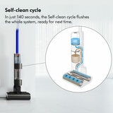 Lifestyle images of Dyson WashG1 wet floor cleaner showing self clean cycle in just 140 seconds