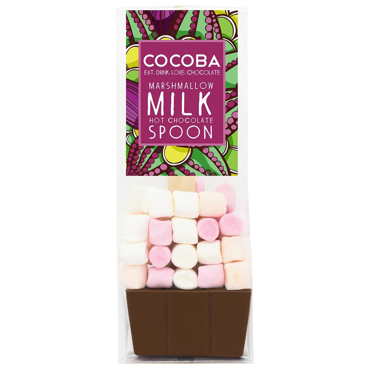 Image showing individual chocolate spoons with marshmallows on white background