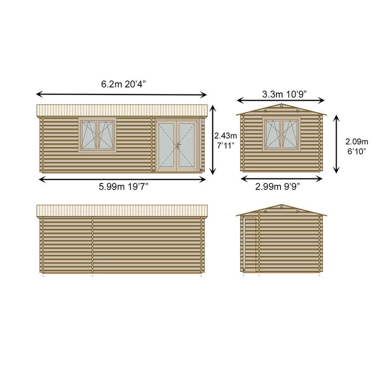 Installed Shire Thetford 44mm Log Cabin 20ft x 10ft (6 x 3m)