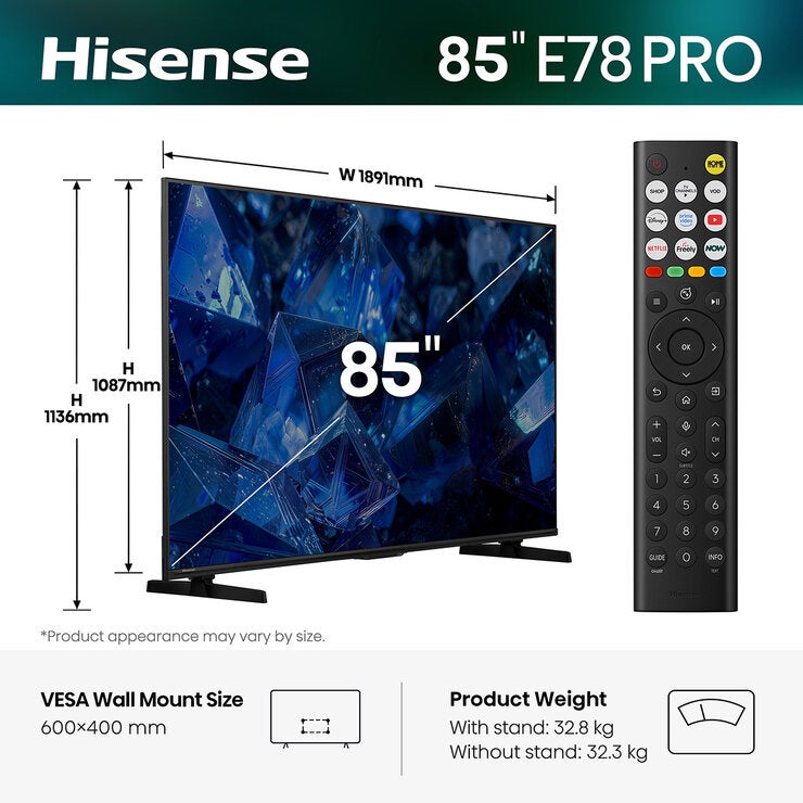 Buy Hisense 85E78STUK PRO 85 Inch QLED 4K UHD Smart TV at Costco.co.uk