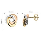 Three Colour Knot Earrings, 14ct Yellow, Rose & White Gold.