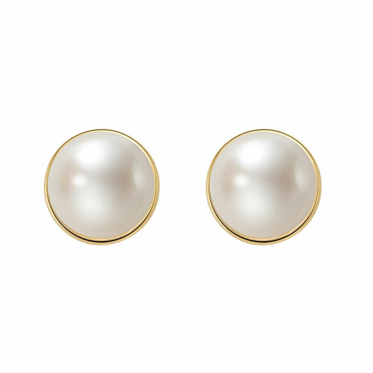 10-10.5mm Cultured Freshwater White Pearl Bezel Earrings, 14ct Yellow Gold