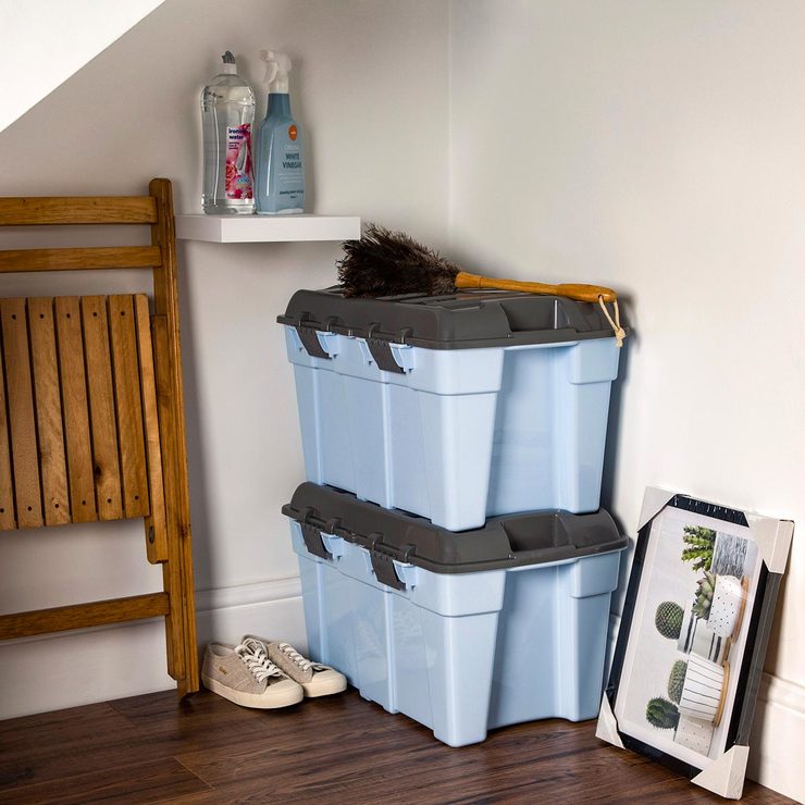 Wham 48 Litre Plastic Storage Trunk & Lid in Cool Blue/Steel 2 Pack