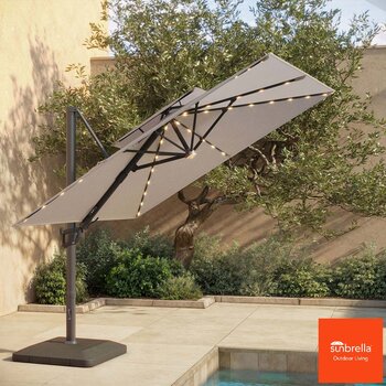Seasons Sentry 10ft (3m) 2-Tier Solar LED Square Cantilever Umbrella with Base in Beige