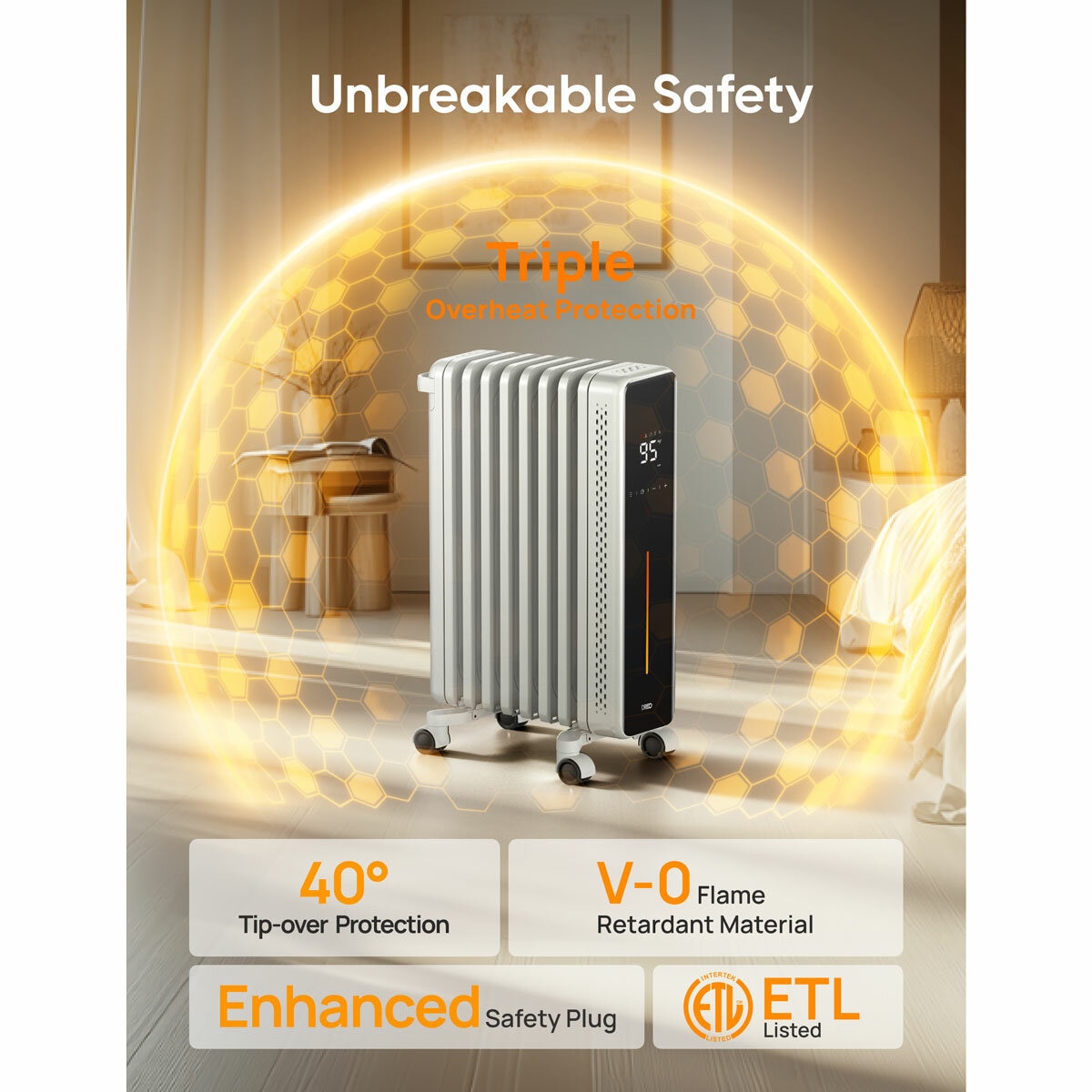 Lifestyle image of Dreo oil heater showing triple overheat protection