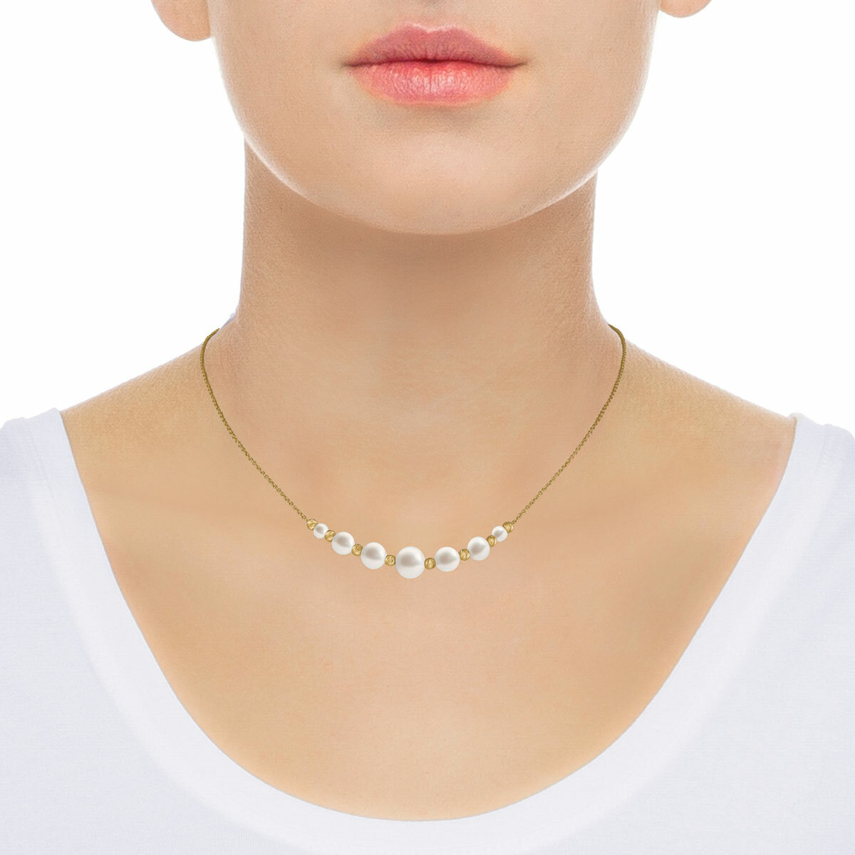 4-8.5mm Cultured Freshwater White Pearl & Gold Bead Graduated Necklace, 14ct Yellow Gold