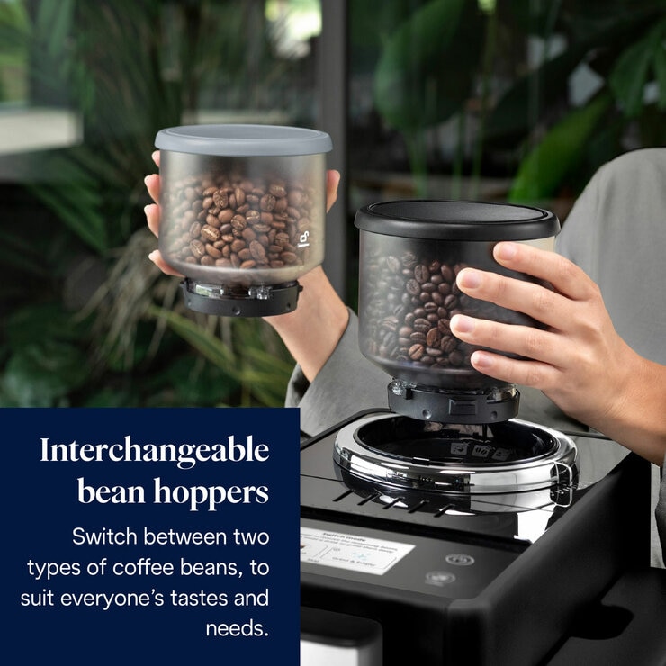 Lifestyle images of De'Longhi Rivelia Bean-to-Cup Coffee Machine featuring interchangeable bean hoppers