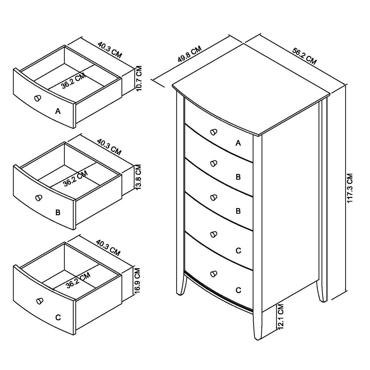 Bentley Designs Whitby Scandi Oak & Grey 5 Drawer Chest of Drawers, Dimensions