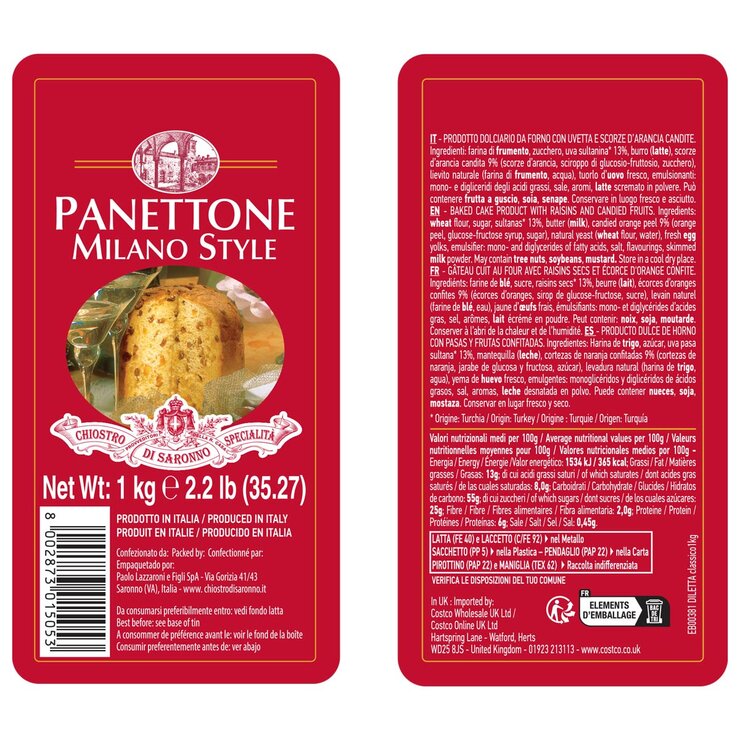 Lazzaroni Chiostro Di Saronno Classic Panettone, 1kg