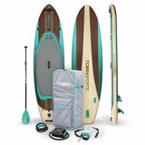 Studio image of the paddleboard and the included paddle, coiled leash, air pump and backpack