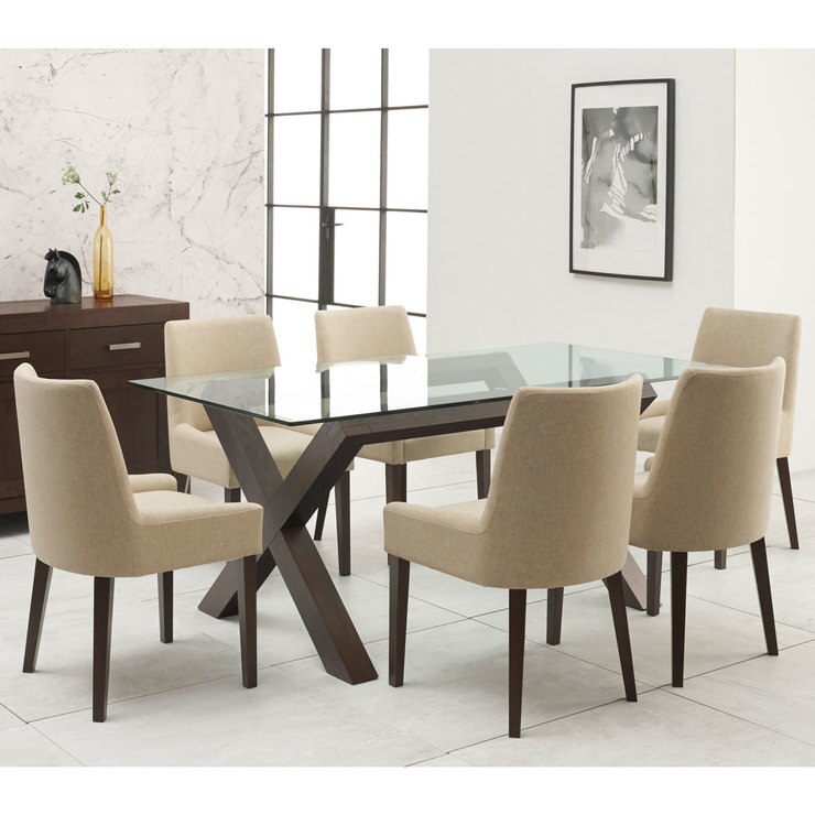 Bentley Designs Lyon Walnut Glass Top Dining Table 6 Natural Bentley Designs Lyon Walnut Glass Top Dining Table 6 Natural Fabric Chairs