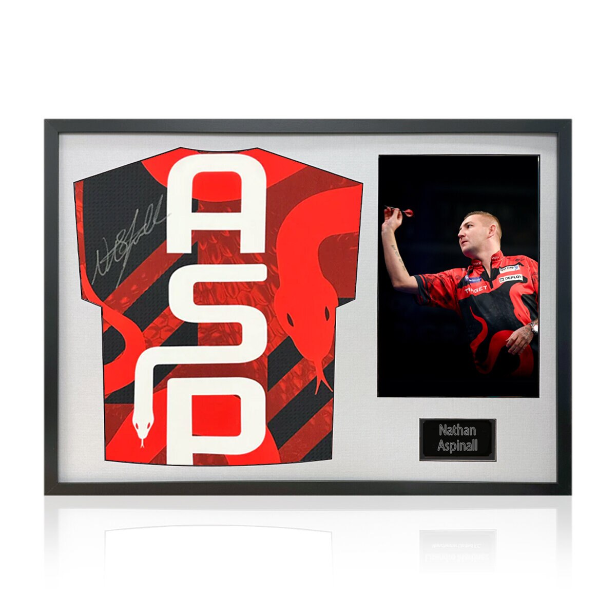 Nathan Aspinall Signed Framed Darts Shirt including 1 Photo in 2 Options: White or Black Mount