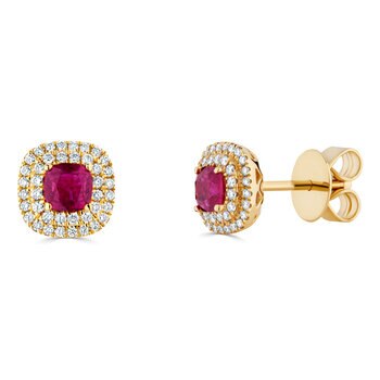 Round Cut Ruby & 0.27ctw Round Brilliant Cut Diamond Stud Halo Earrings, 18ct Yellow Gold