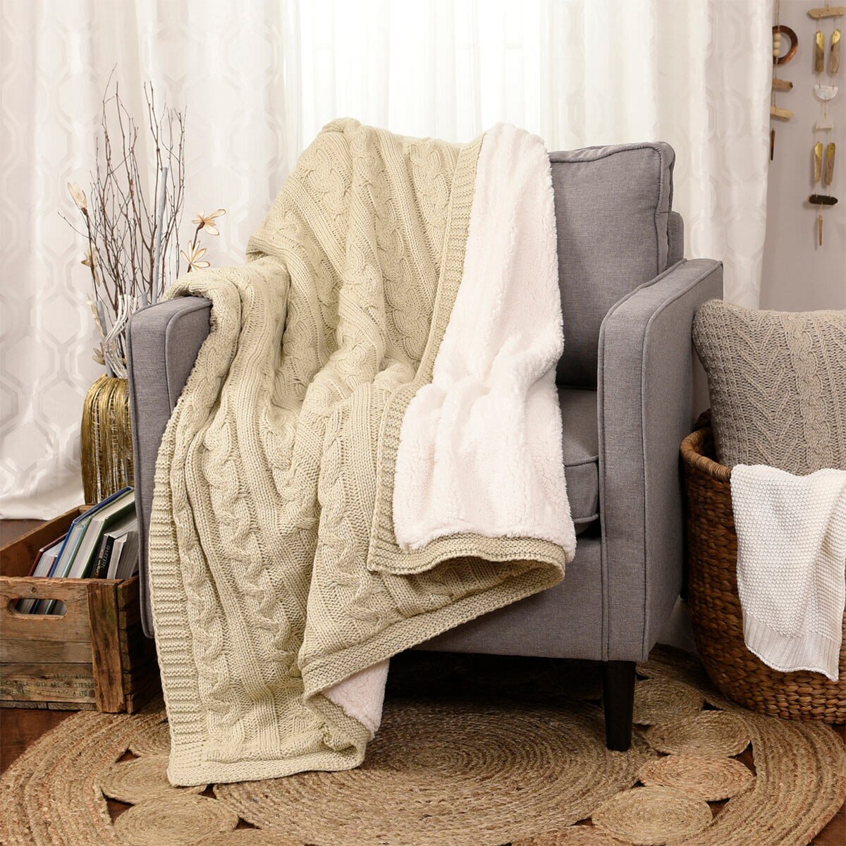 Life Comfort Cable Knit Reversible Throw in Oatmeal, 127