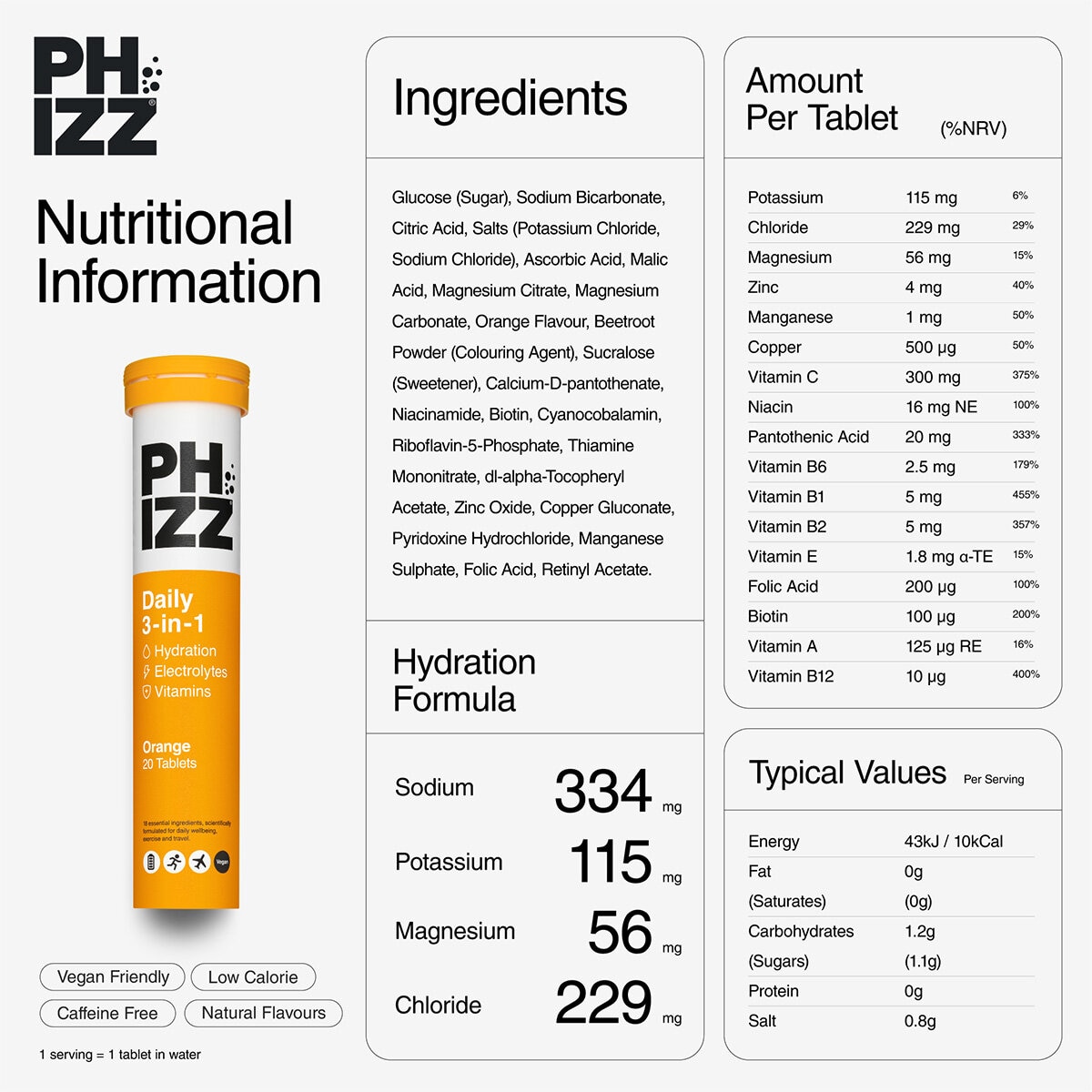 information on Phizz effervescent electrolytes in orange