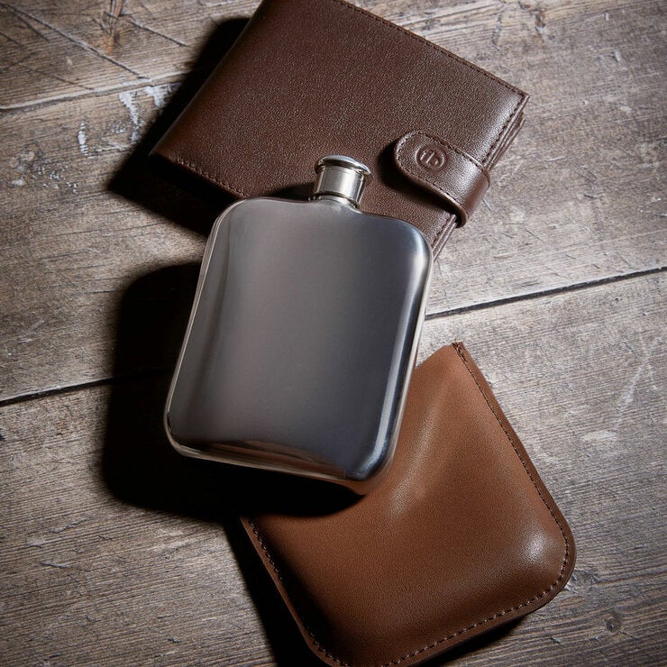 Fred Bennett Stainless Steel Brown Leather Hip Flask, Personalisation Available Fred Bennett Stainless Steel Brown Leather Hip Flask, Personalisation Available