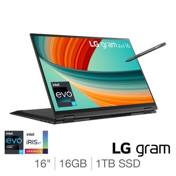 LG Gram, Intel Core i7, 16GB RAM, 1TB SSD, 16 Inch 2-in-1 Ultra-Lightweight Laptop, 16T90R-K.AA78A1