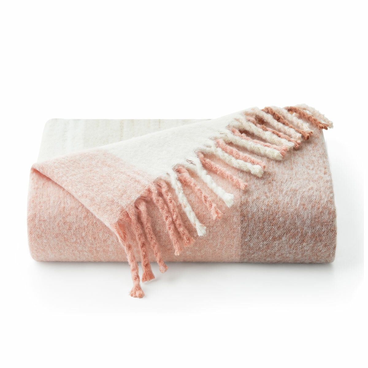 Folded Pink  Faux Mohair Throw, showcasing fringed border and soft texture