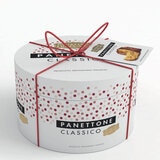 white tub with red dots and bow panettone