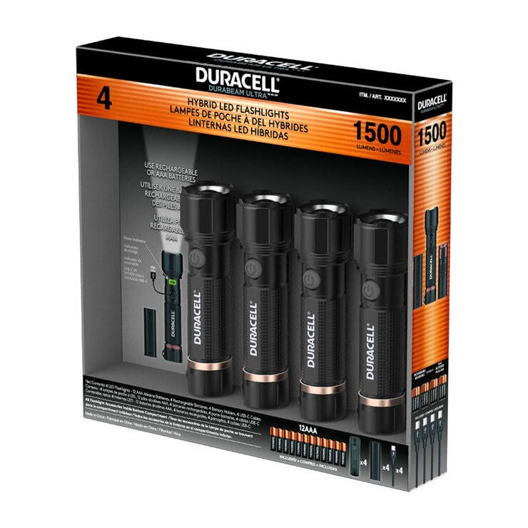Duracell 1,500 Lumen Dual Power Flashlight, 4 Pack
