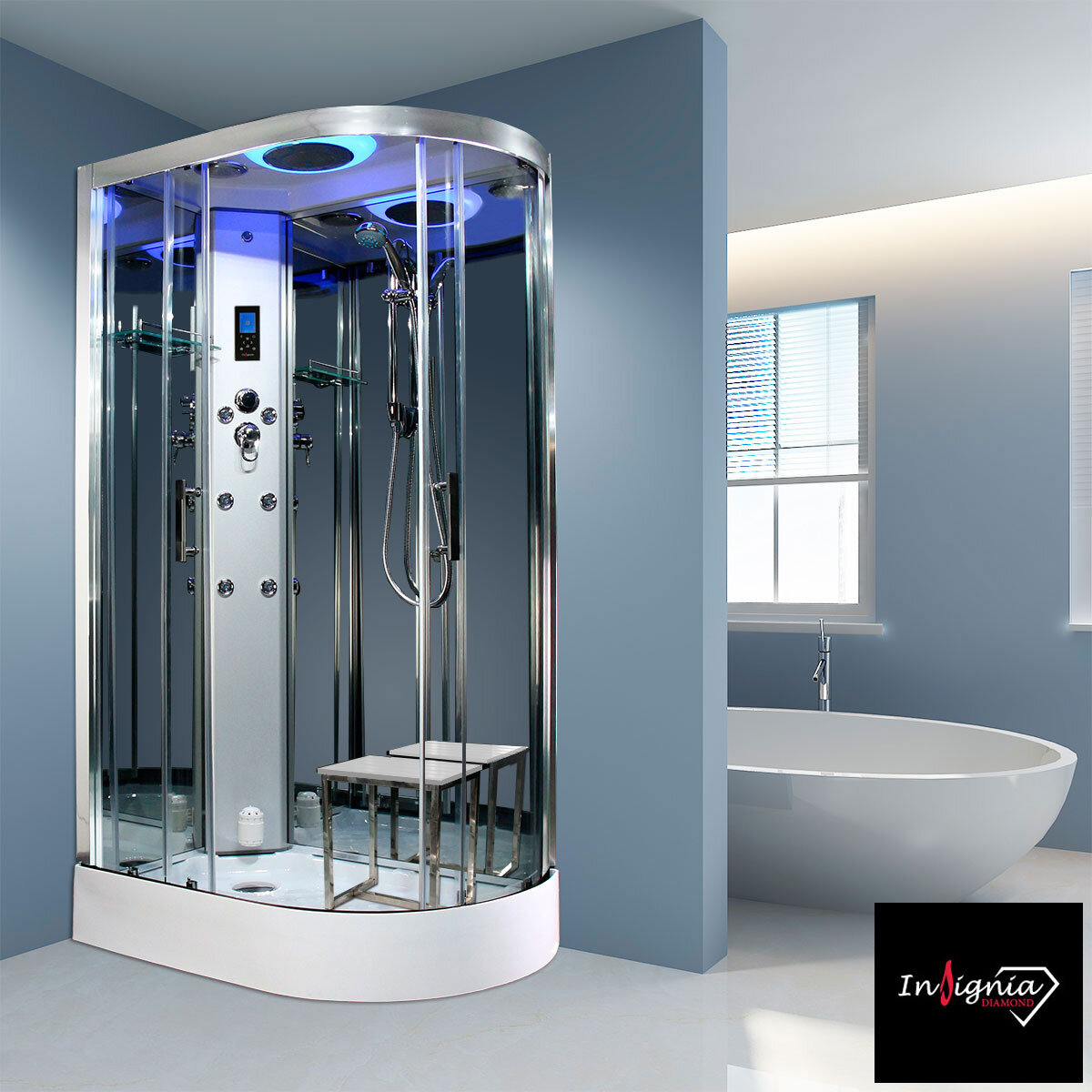 Insignia Diamond 1100mm Offset Quadrant Steam Shower with Chrome Frame