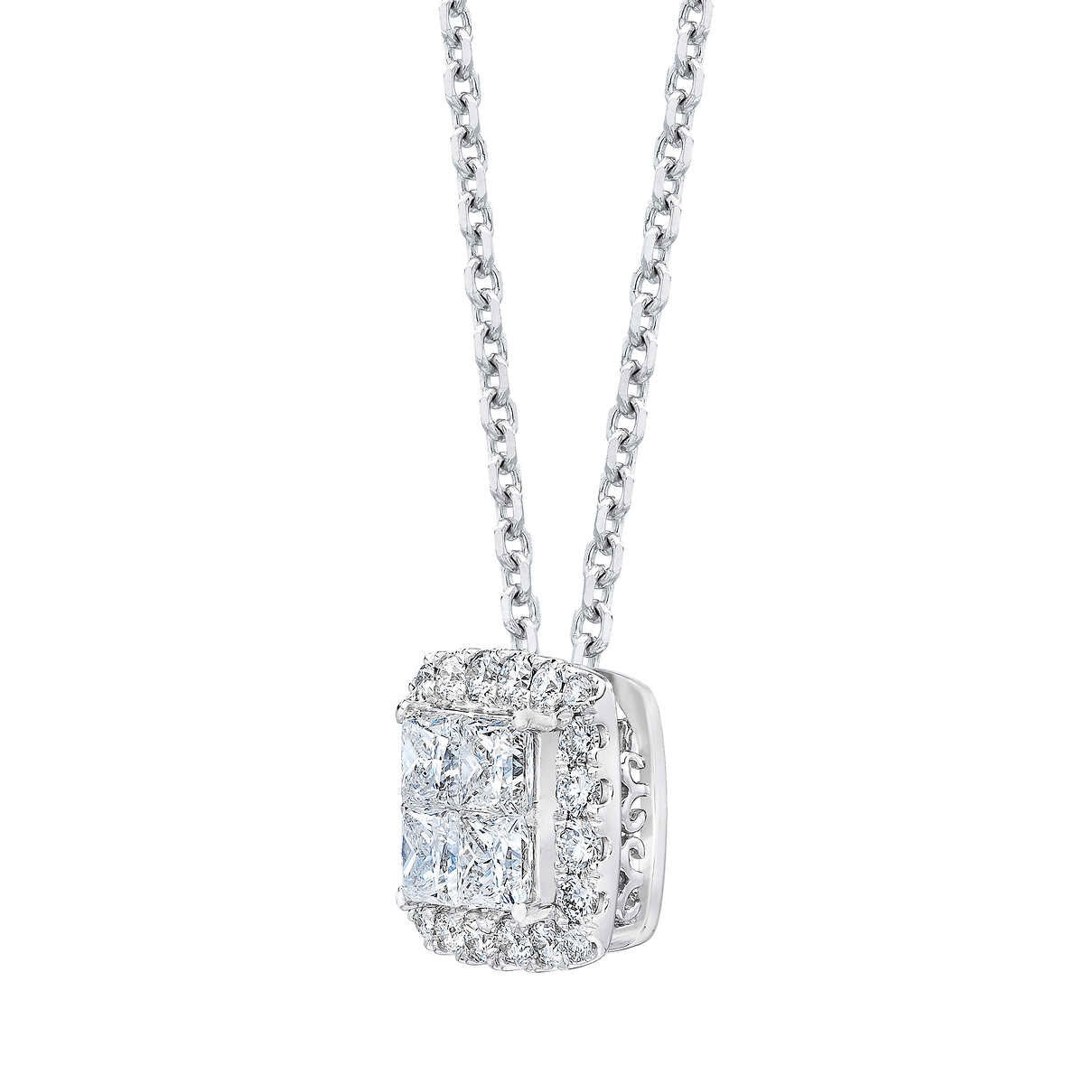 1.00ctw Princess & Round Brilliant Cut Diamond Halo Pendant, 14ct White Gold