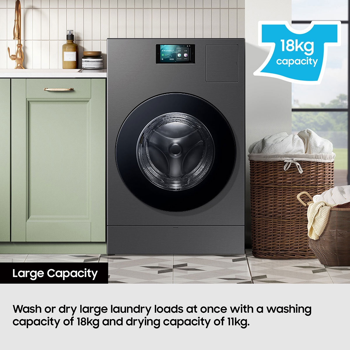 Samsung Series 9 Large Capacity WD18DB8995BZT1 18kg / 11kg Washer Dryer, A Rated in Dark Steel