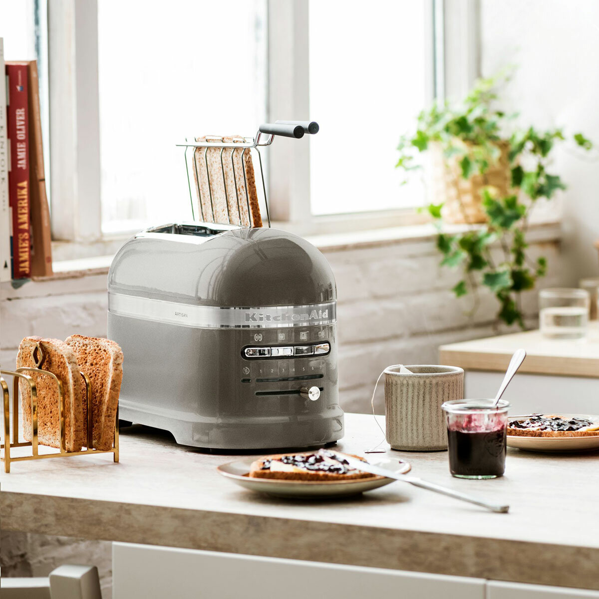 Lifestyle image of KitchenAid Artisan slot toaster with sandwich cage