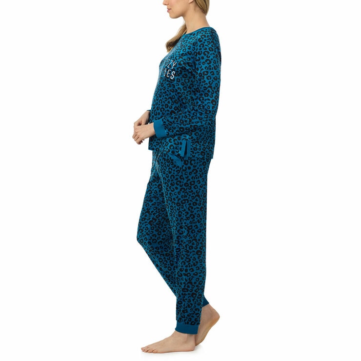 Jane & Bleecker Women's Silky Plush Pyjama Set in Teal Animal