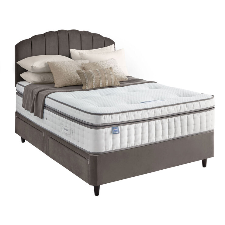Silentnight Velvet 4 Drawer Divan Base with Merlin Headboard in Charcoal in 3 Sizes