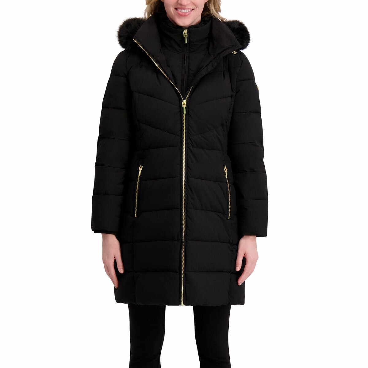 Halston Ladies Hooded Walker Coat in Black