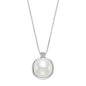 9-10mm Cultured Freshwater White Pearl & 0.06ctw Diamond Pendant, 14ct White Gold