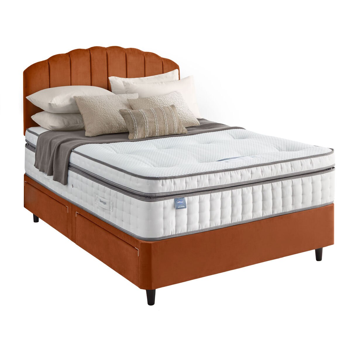 Silentnight Velvet 4 Drawer Divan Base with Merlin Headboard in Amber in 3 Sizes