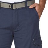 front image of navy shorts belt detail