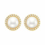 8-9mm Cultured Freshwater White Button Pearl & 0.25ctw Diamond Halo Earrings, 14ct Yellow Gold