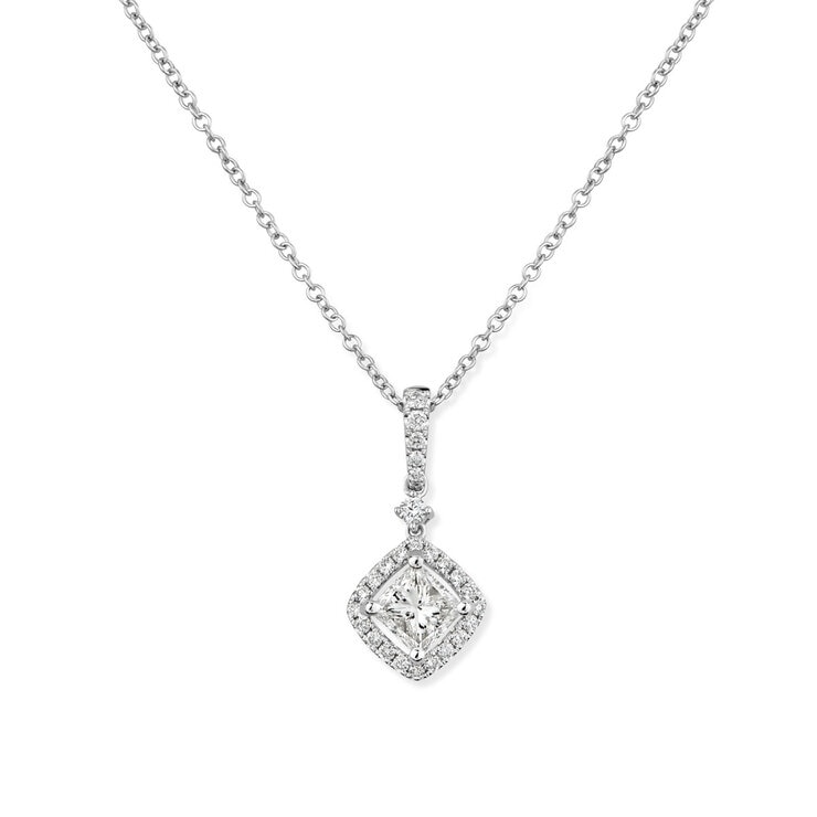 1.00ctw Princess Cut Diamond Halo Drop Pendant, 18ct White Gold 1.00ctw Princess Cut Diamond Halo Drop Pendant, 18ct White Gold