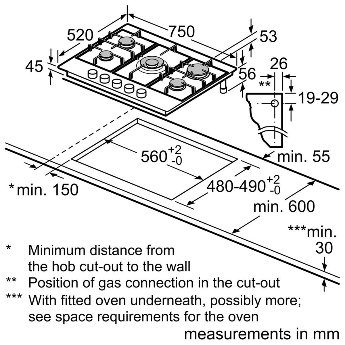 Bosch PCQ7A5B90, Gas Hob in Stainless Steel Costco UK